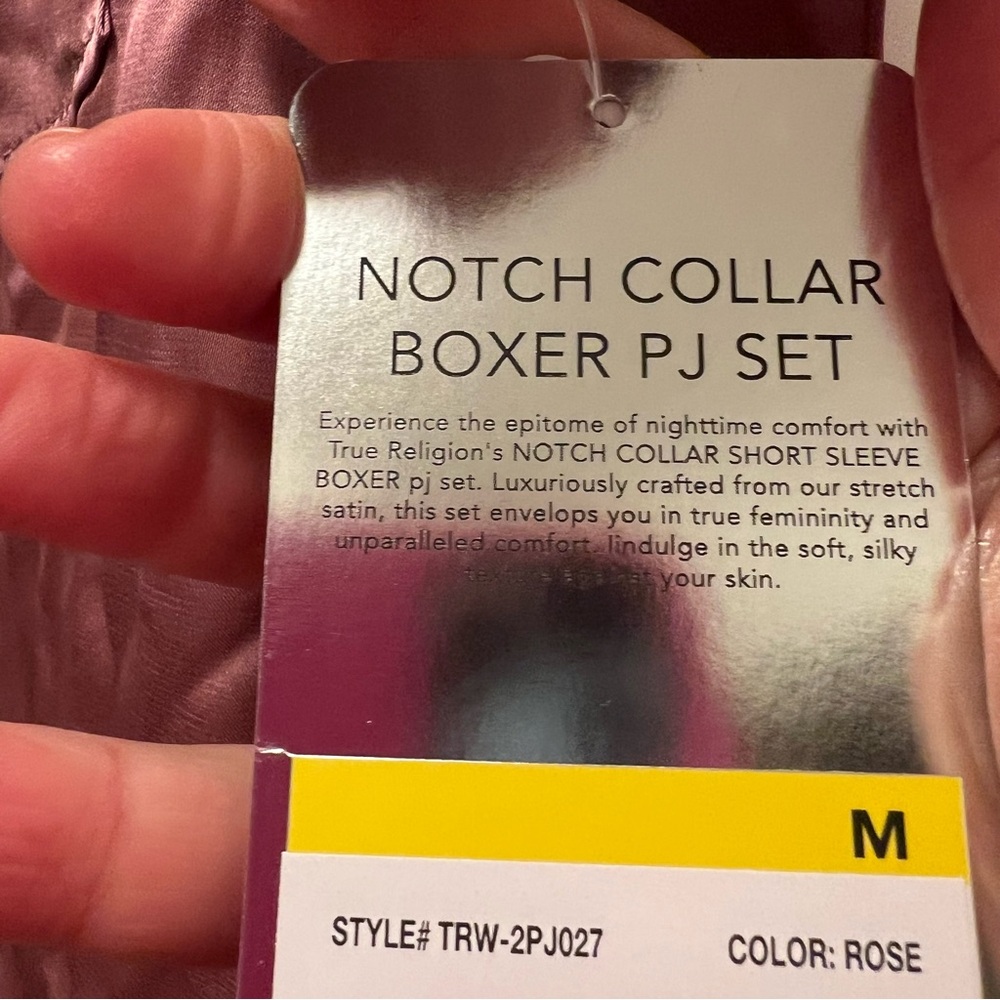 True Religion Pink Stretch Satin Boxer Pajamas with Notch Collar Button down Top - Picture 16 of 16